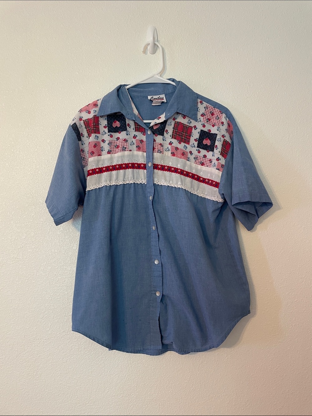 Caribou Embroidered Button Down Shirt in Blue & Red